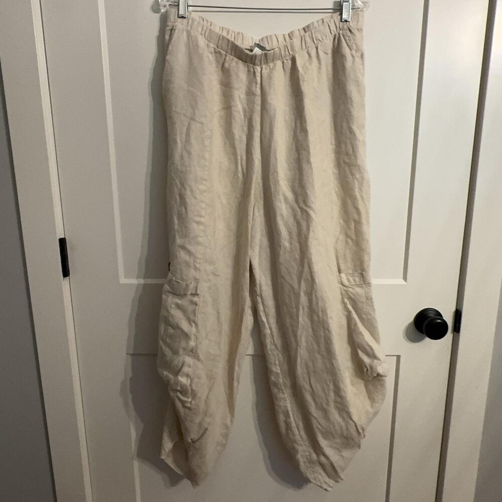 Match Point Pants Sz XL Beige Linen Harem Lagenlook Pockets USA Boho Casual - Picture 2 of 10